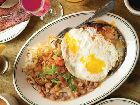 Blue corn enchiladas with fried eggs at Plaza Cafe Downtown