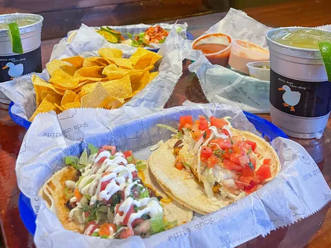 Tacos, chips, salsa, and margaritas at White Duck Taco Shop in Asheville