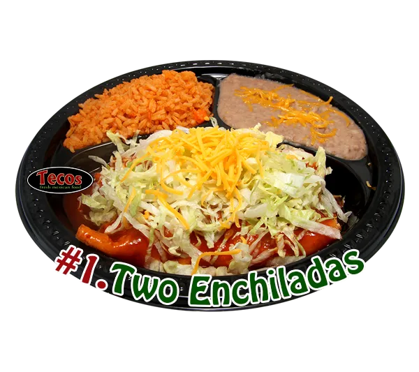 Two enchiladas with red sauce, lettuce and cheese, with rice and refried beans, from Tecos Fresh Mexican Food in Portland