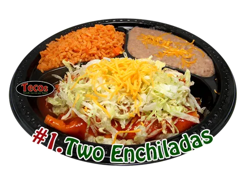 Two enchiladas with red sauce, lettuce and cheese, with rice and refried beans, from Tecos Fresh Mexican Food in Portland